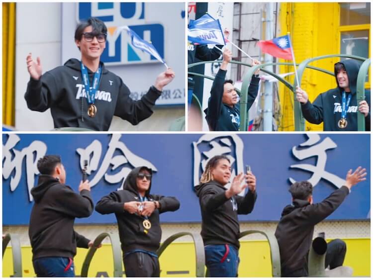 为台湾抱回棒球 12 强赛世界冠军奖杯的球员们，回到台湾进行英雄游行。